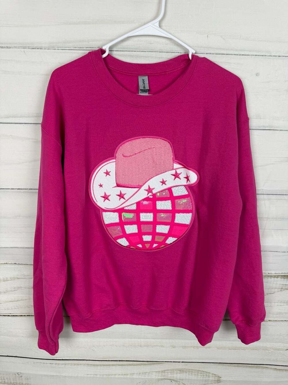 Gildan Heavy Blend Pink Cowboy Hat Disco Ball Graphic Sweatshirt Size M